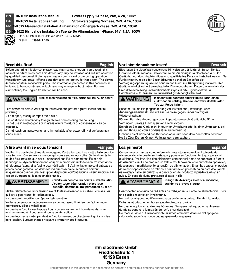 Page 1 de la notice Manuel utilisateur IFM DN1022