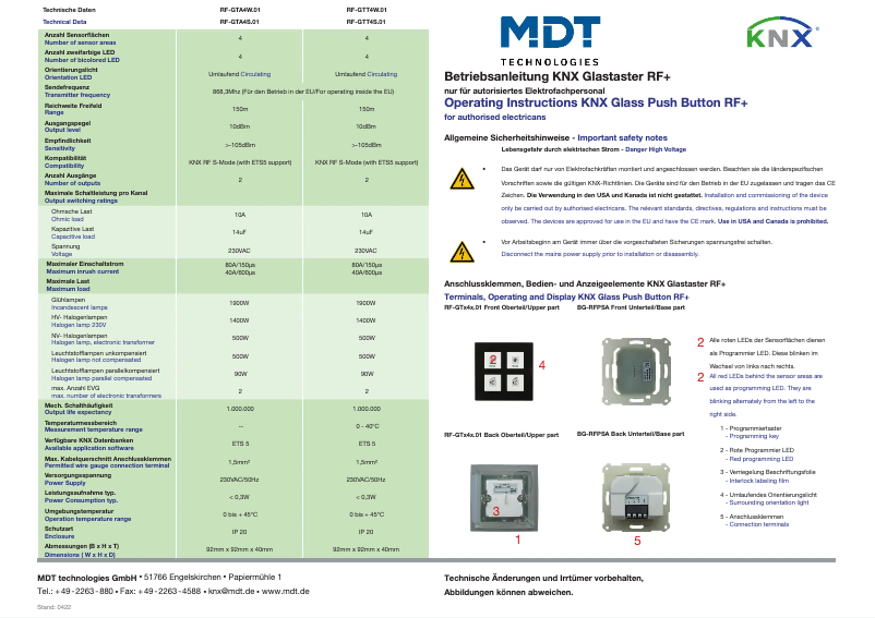 Page 1 de la notice Manuel utilisateur MDT RF-GTT4W.01