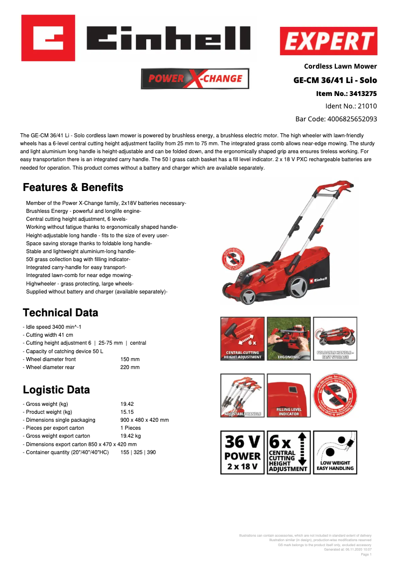 Page n°1 - Fiche technique Einhell GE-CM 36/41 Li