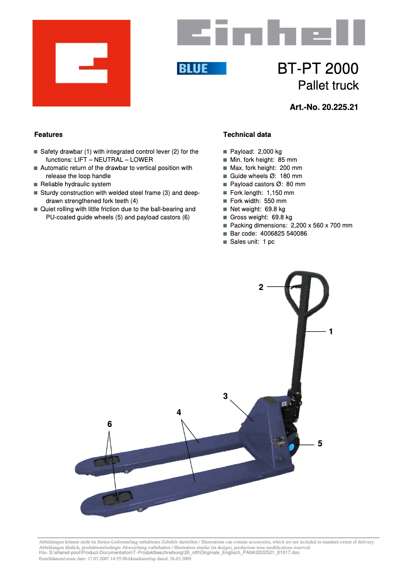 Page 1 de la notice Manuel utilisateur Einhell BT-PT 2000