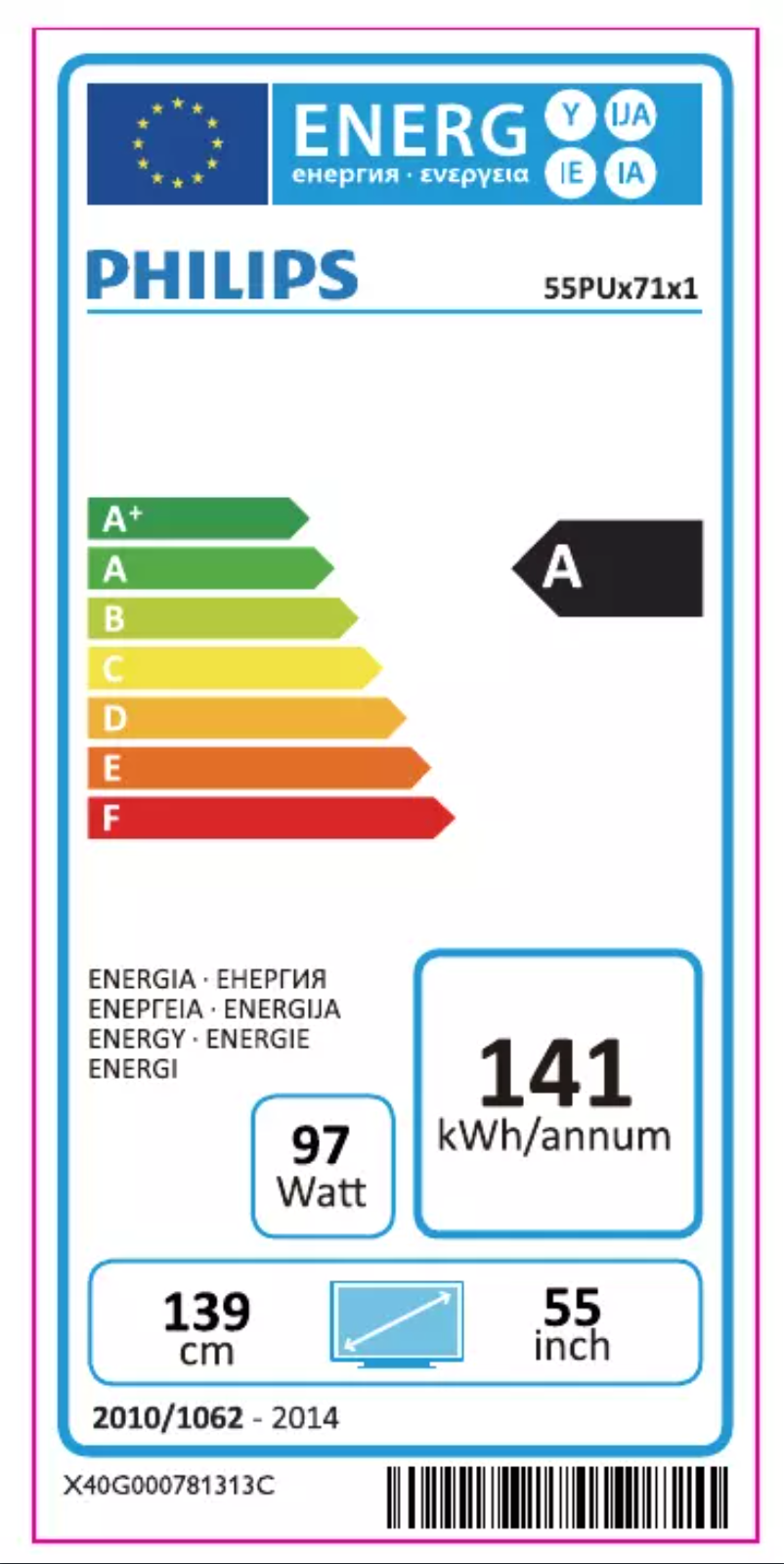 Page 1 de la notice Label énergétique Philips 55PUS7101