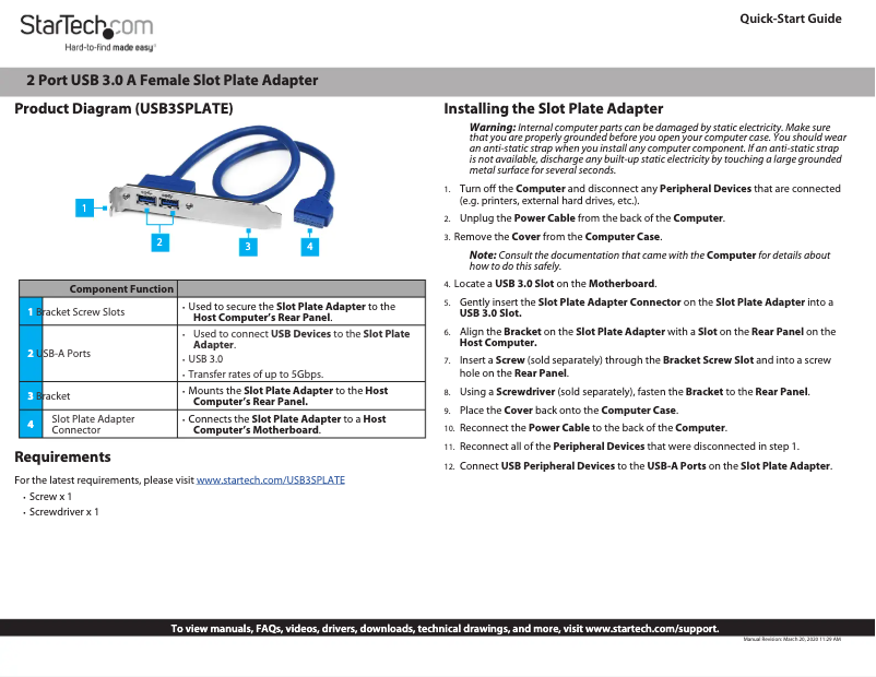 Page n°1 - Guide de démarrage rapide StarTech.com USB3SPLATE