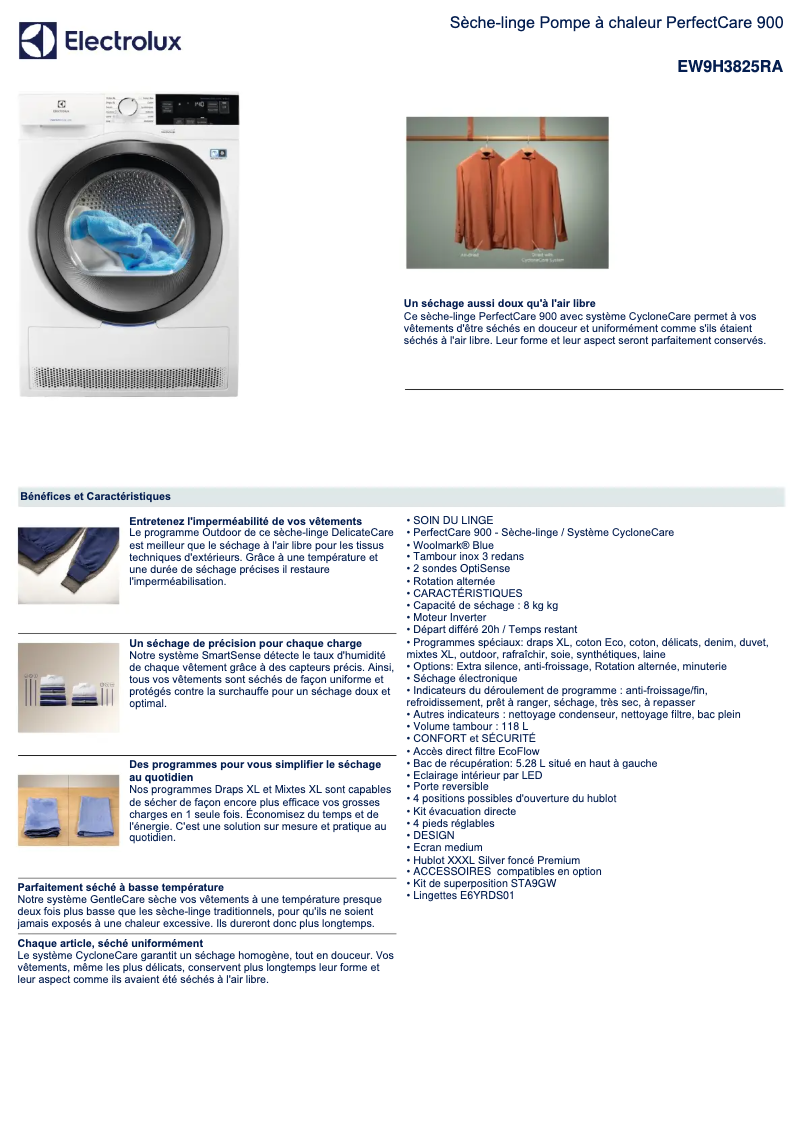 Page n°1 - Fiche technique Electrolux EW9H3825RA