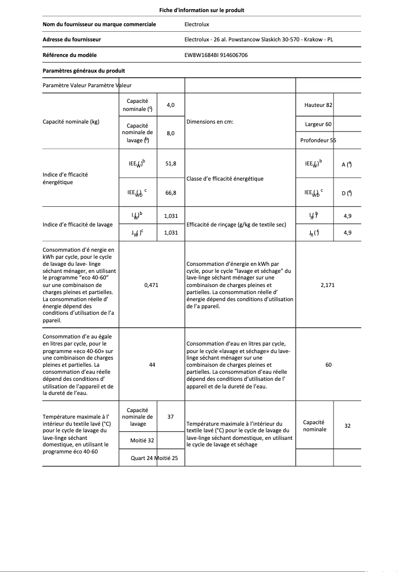 Página 1 del manual Ficha técnica AEG EW8W1684BI