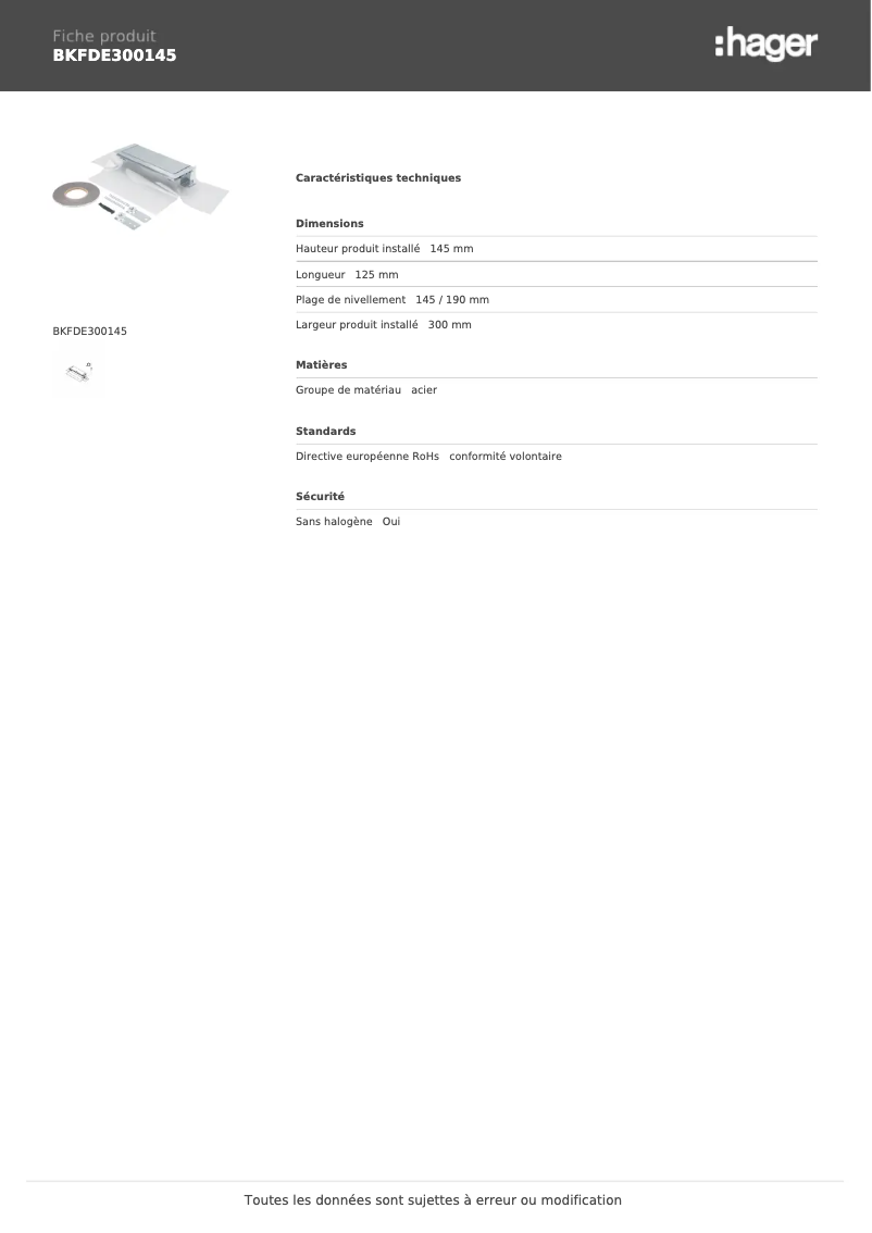 Page 1 de la notice Fiche technique Hager BKFDE300145