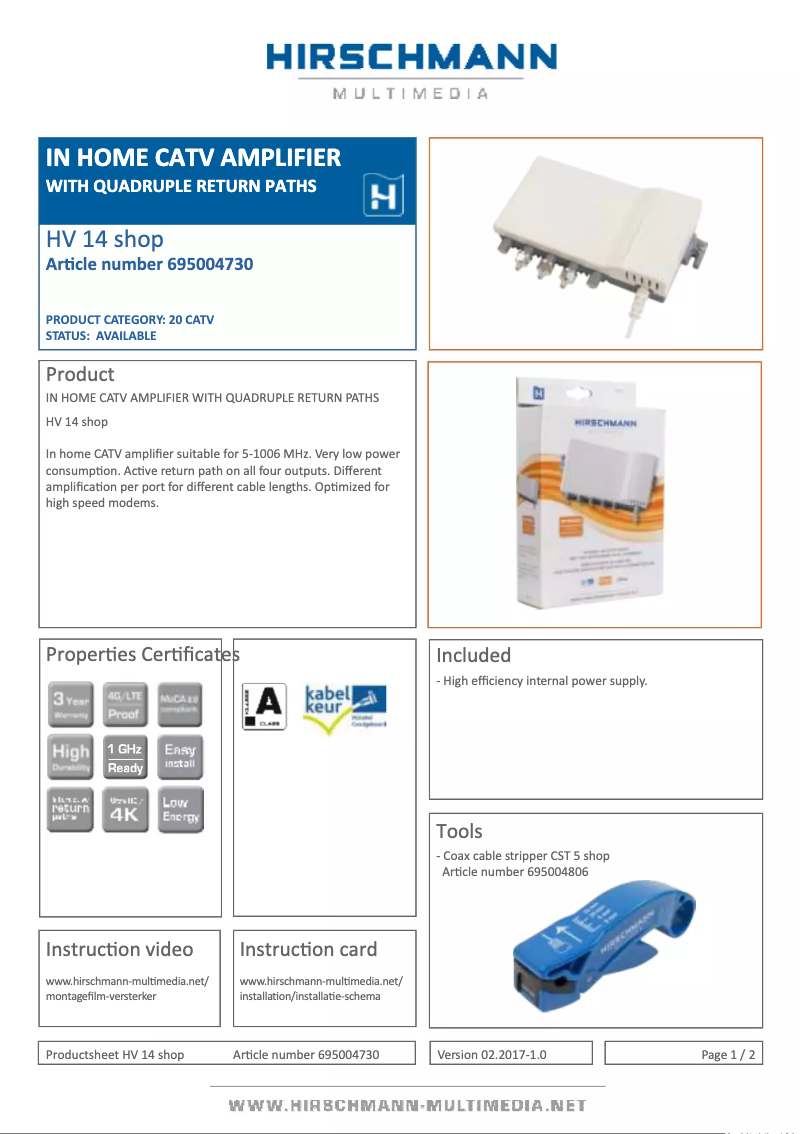 Page 1 de la notice Manuel utilisateur Hirschmann HV 14 shop