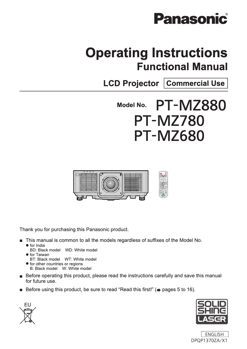 Page 1 de la notice Manuel utilisateur Panasonic PT-MZ880