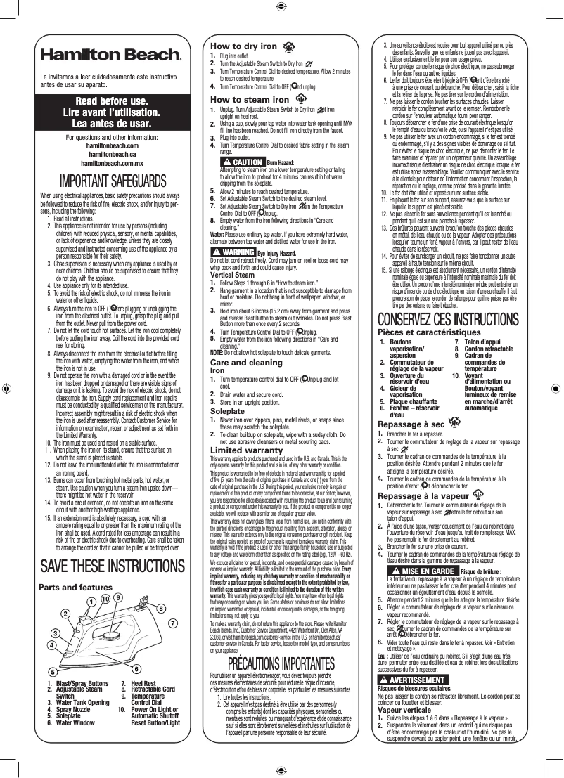 Page 1 de la notice Manuel utilisateur Hamilton Beach 14289