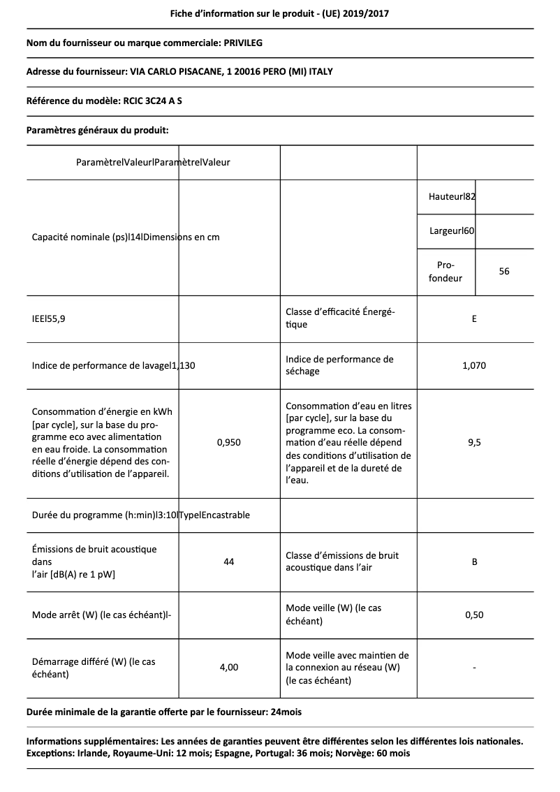 Page n°1 - Fiche technique Privileg RCIC 3C24 A S
