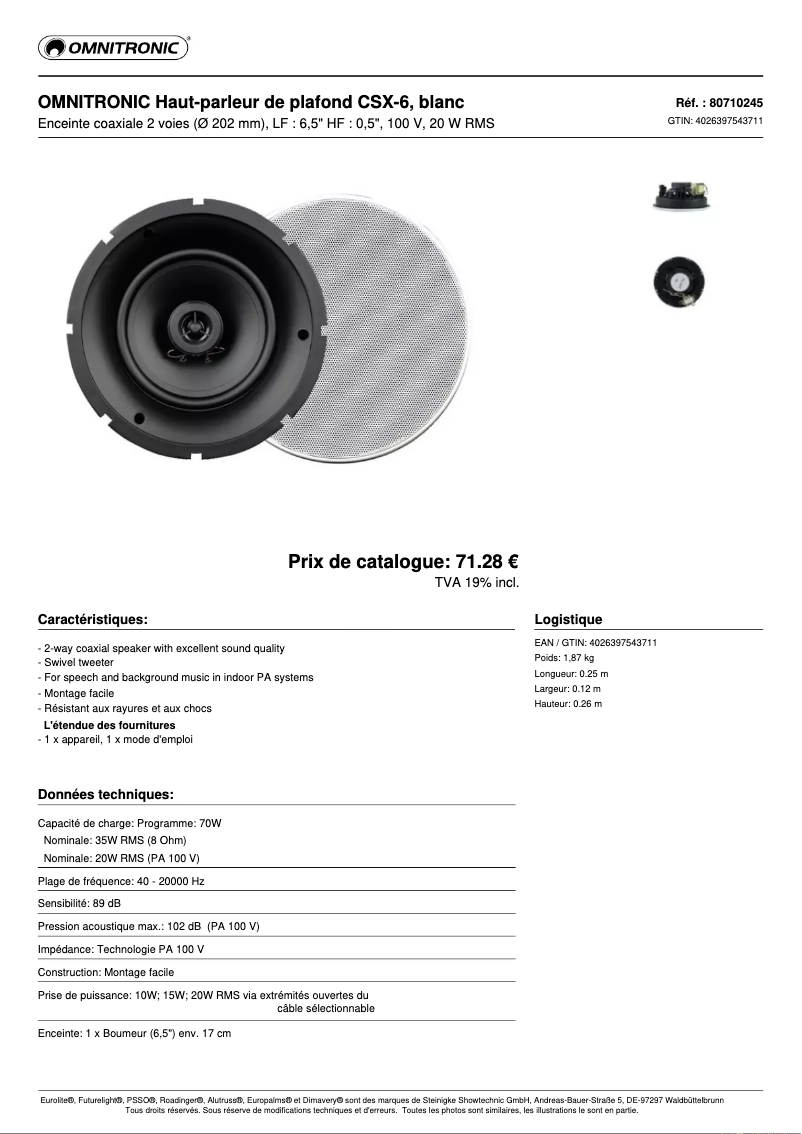 Page 1 de la notice Fiche technique Omnitronic CSX-6