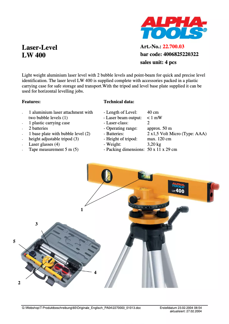 Page 1 de la notice Fiche technique Alpha Tools LW 400