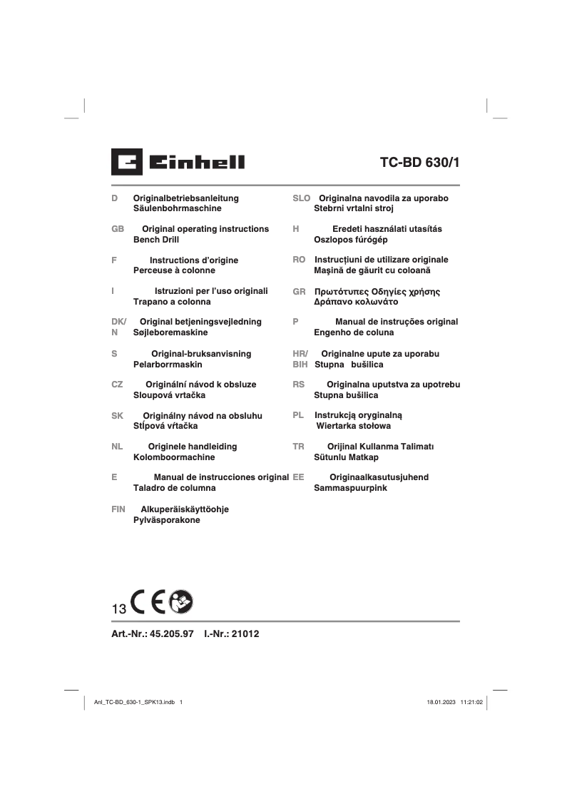 Page 1 de la notice Manuel utilisateur Einhell TC-BD 630/1