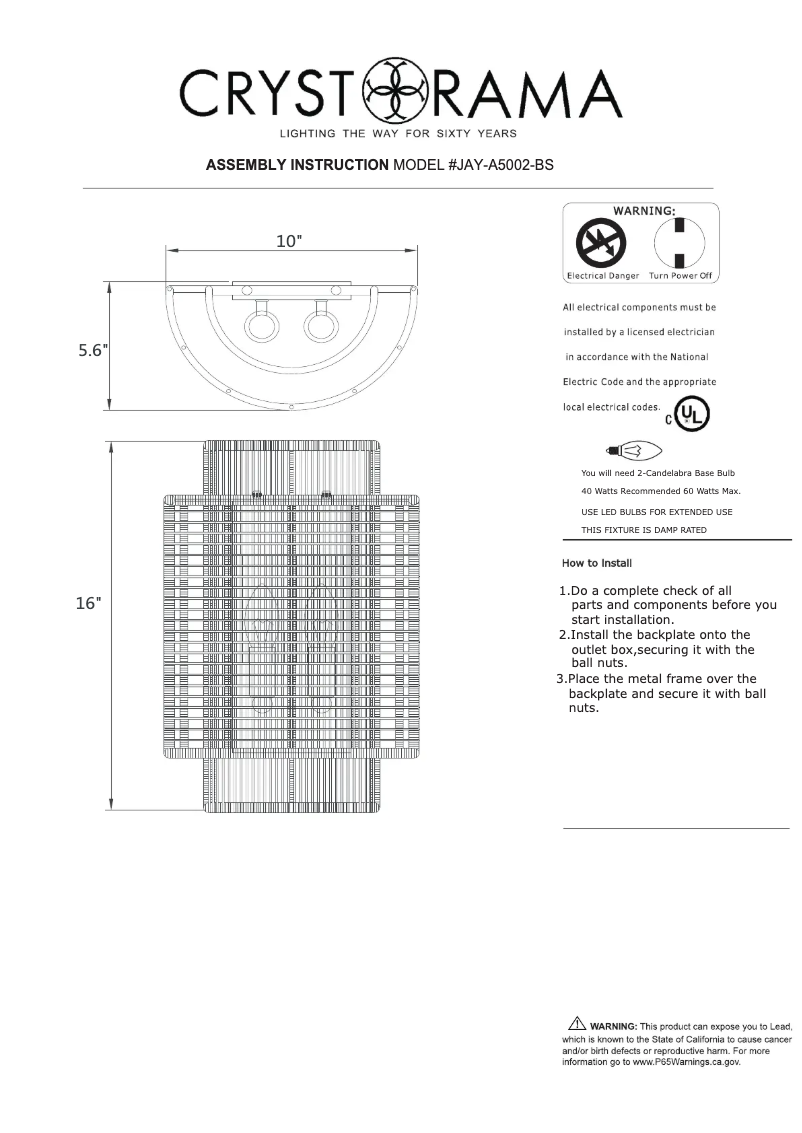 Page n°1 - Manuel utilisateur Crystorama Jayna JAY-A5002-BS