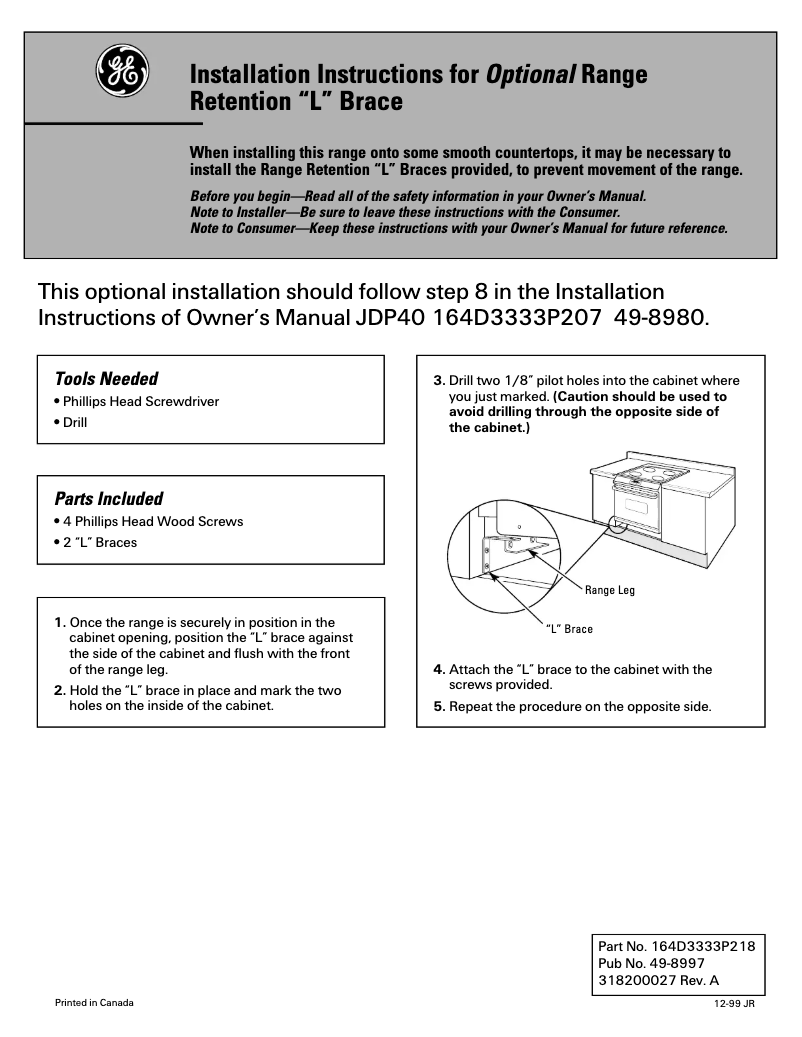 Page 1 of the manual Installation Guide GE Profile JDP40CBCC