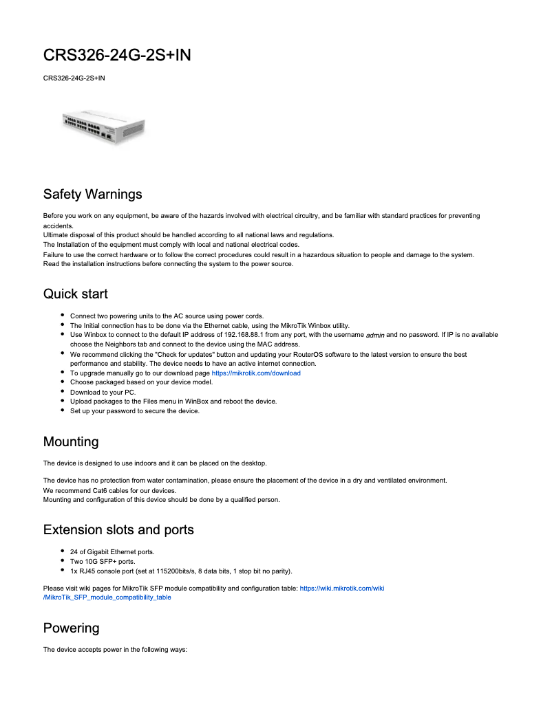 Image de la première page du manuel de l'appareil CRS326-24G-2S+IN