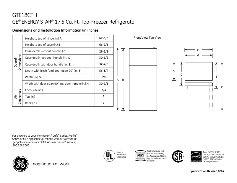 Page n°1 - Fiche technique GE GTE18CTHBB