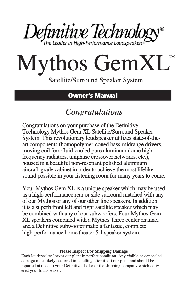 Página 1 del manual Manual de usuario Definitive Technology Mythos Gem XL