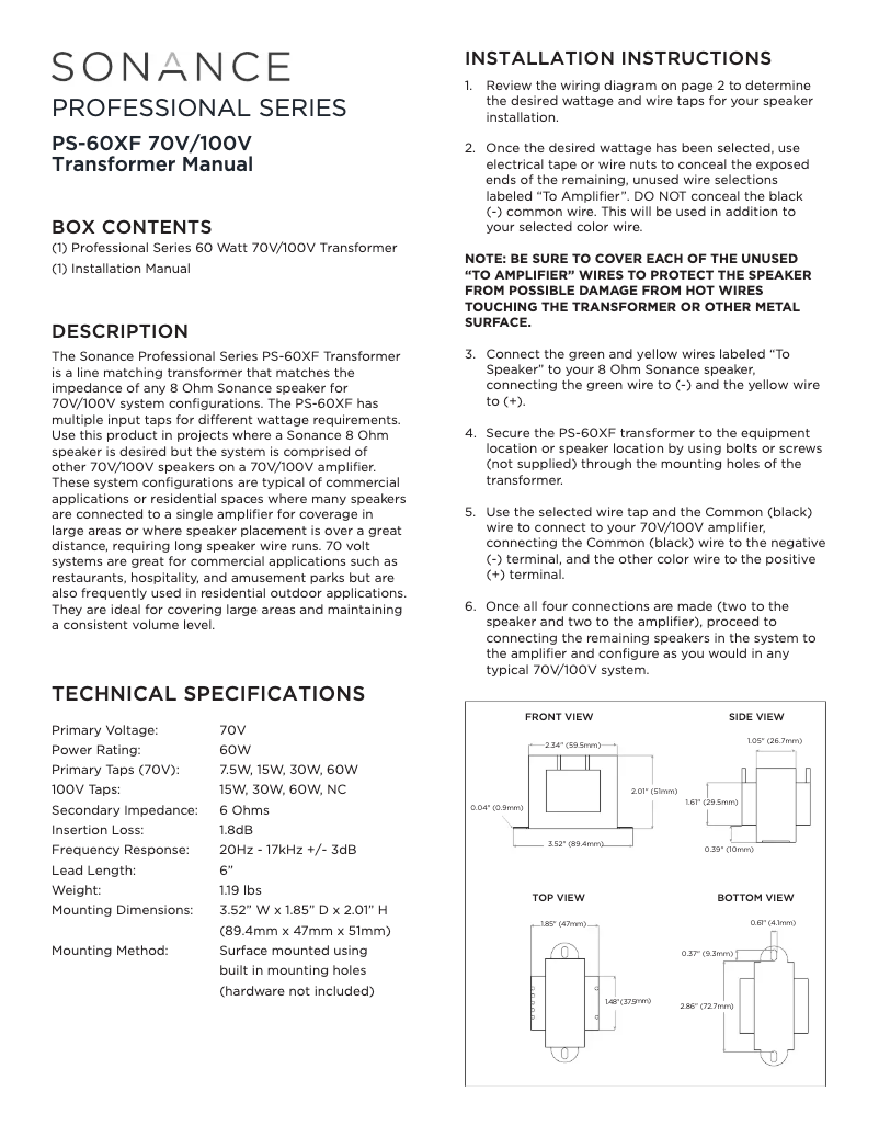 Page 1 de la notice Manuel utilisateur Sonance PS-60XF