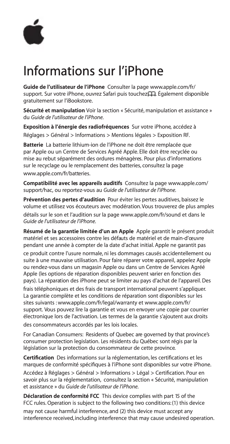 Page 1 de la notice Fiche technique Apple iPhone 4