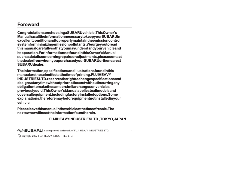 Image de la première page du manuel de l'appareil Impreza (2008)