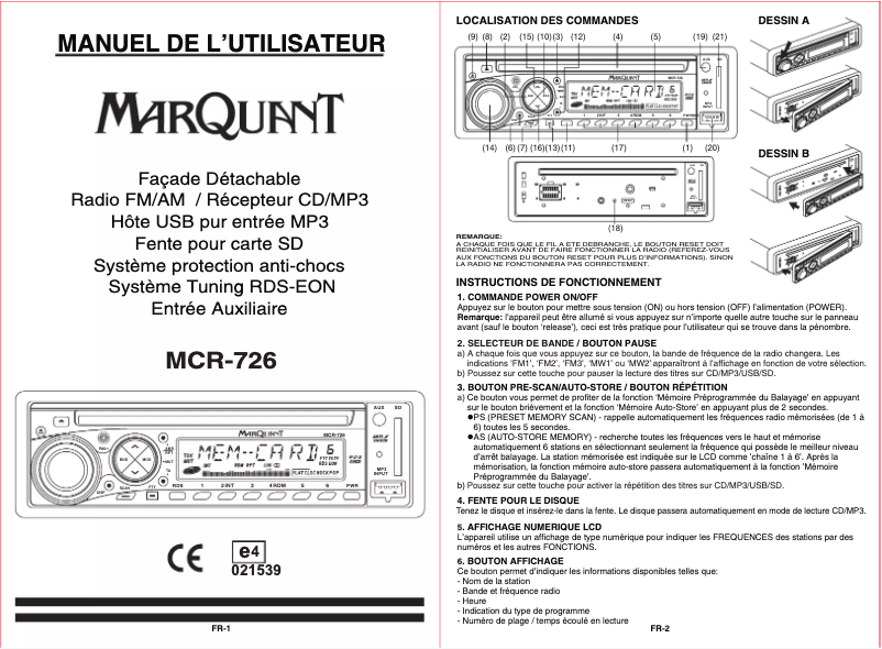Page n°1 - Manuel utilisateur Marquant MCR-726