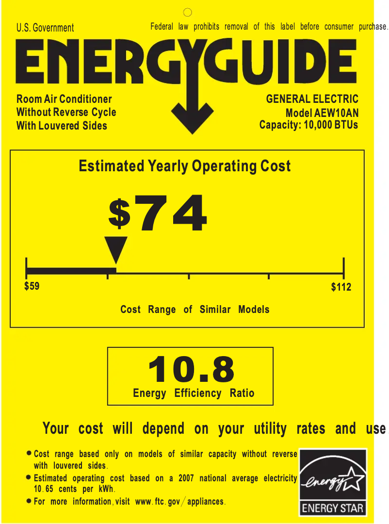 Page 1 de la notice Label énergétique GE AEW10AN