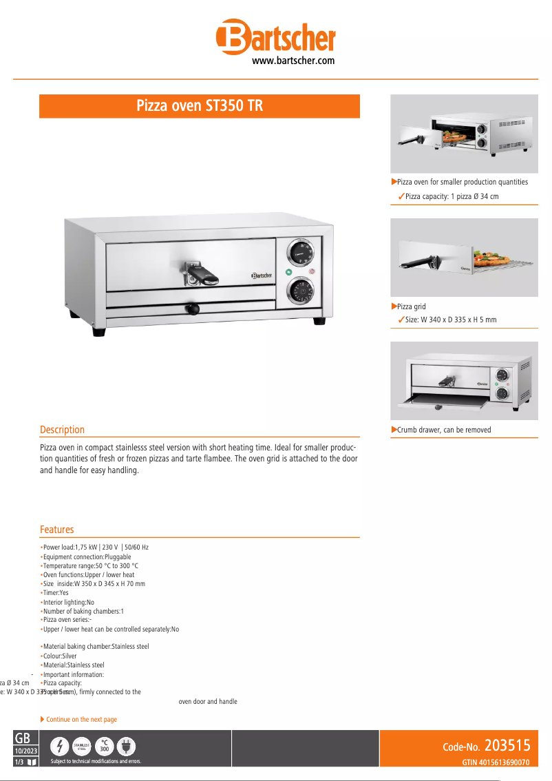Page n°1 - Fiche technique Bartscher ST350 TR