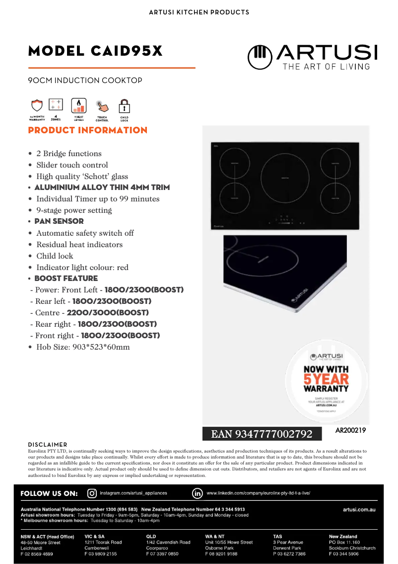 Page 1 de la notice Fiche technique Artusi CAID95X