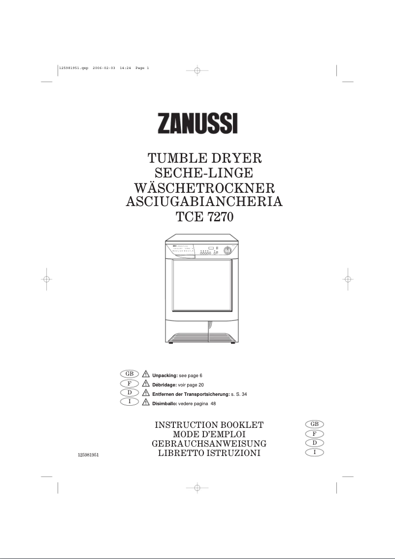 Page 1 de la notice Manuel utilisateur Zanussi TCE 7270
