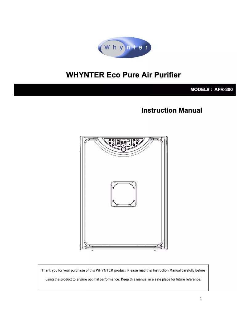 Page n°1 - Manuel utilisateur Whynter Eco Pure AFR-300