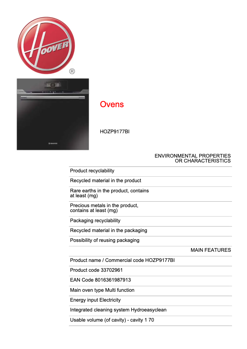 Page n°1 - Fiche technique Hoover HOZP9177BI