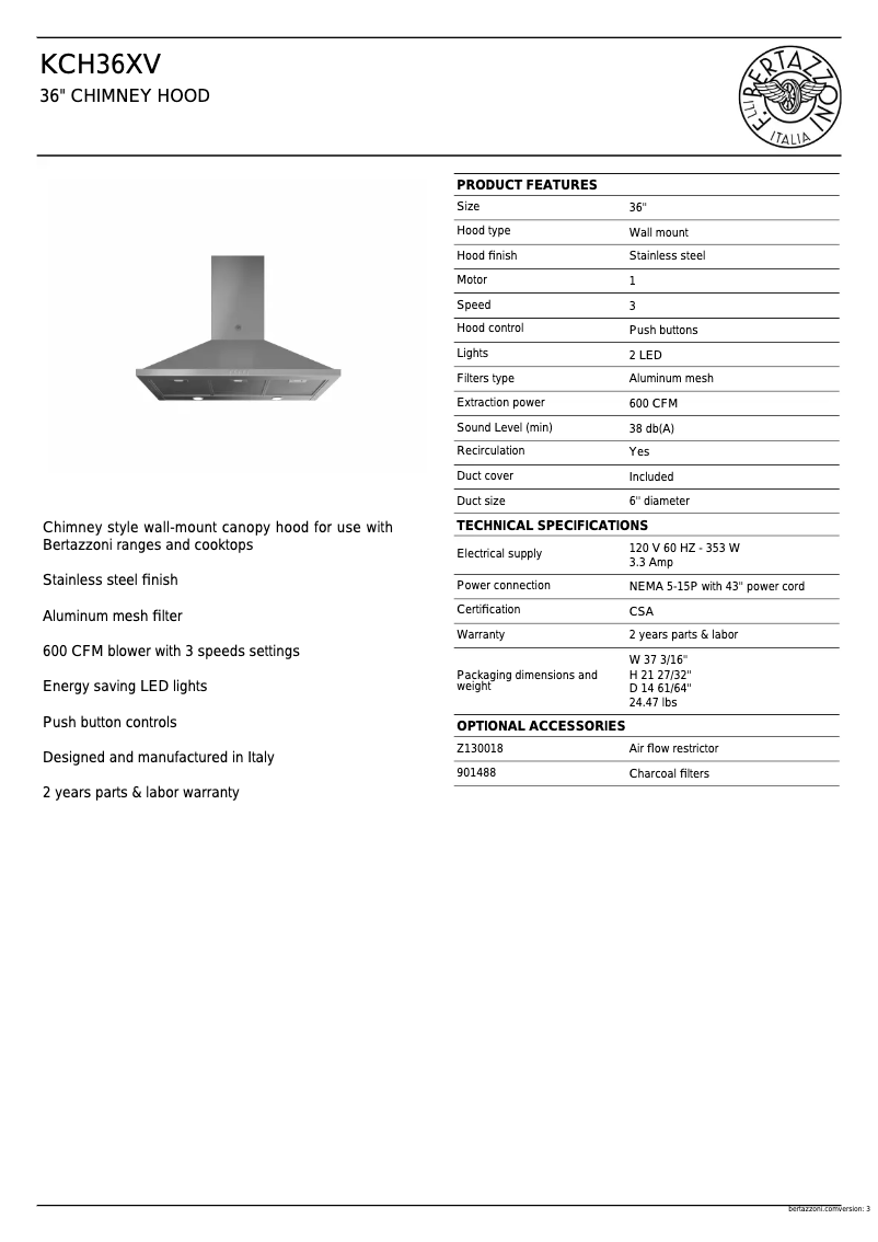 Page 1 de la notice Fiche technique Bertazzoni KCH36XV