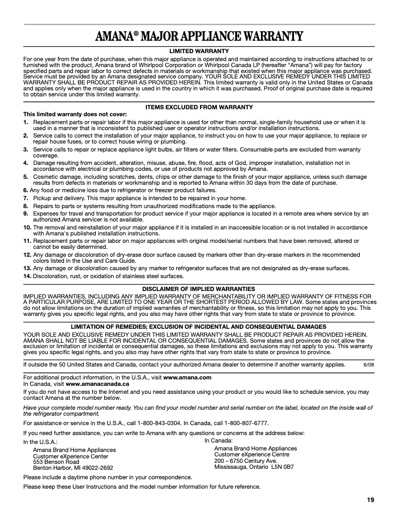 Page 1 de la notice Informations de garantie Amana ABB1924BRB