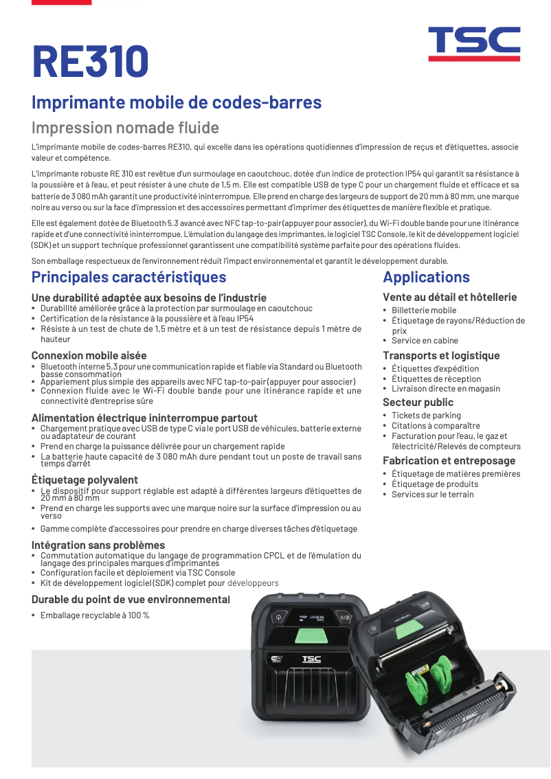 Page 1 de la notice Fiche technique TSC RE310