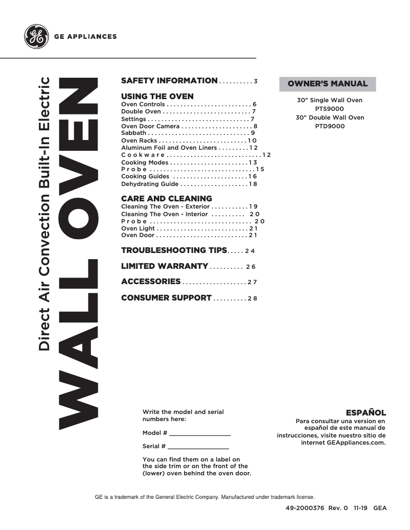 Page n°1 - Manuel utilisateur GE PTD9000BNTS