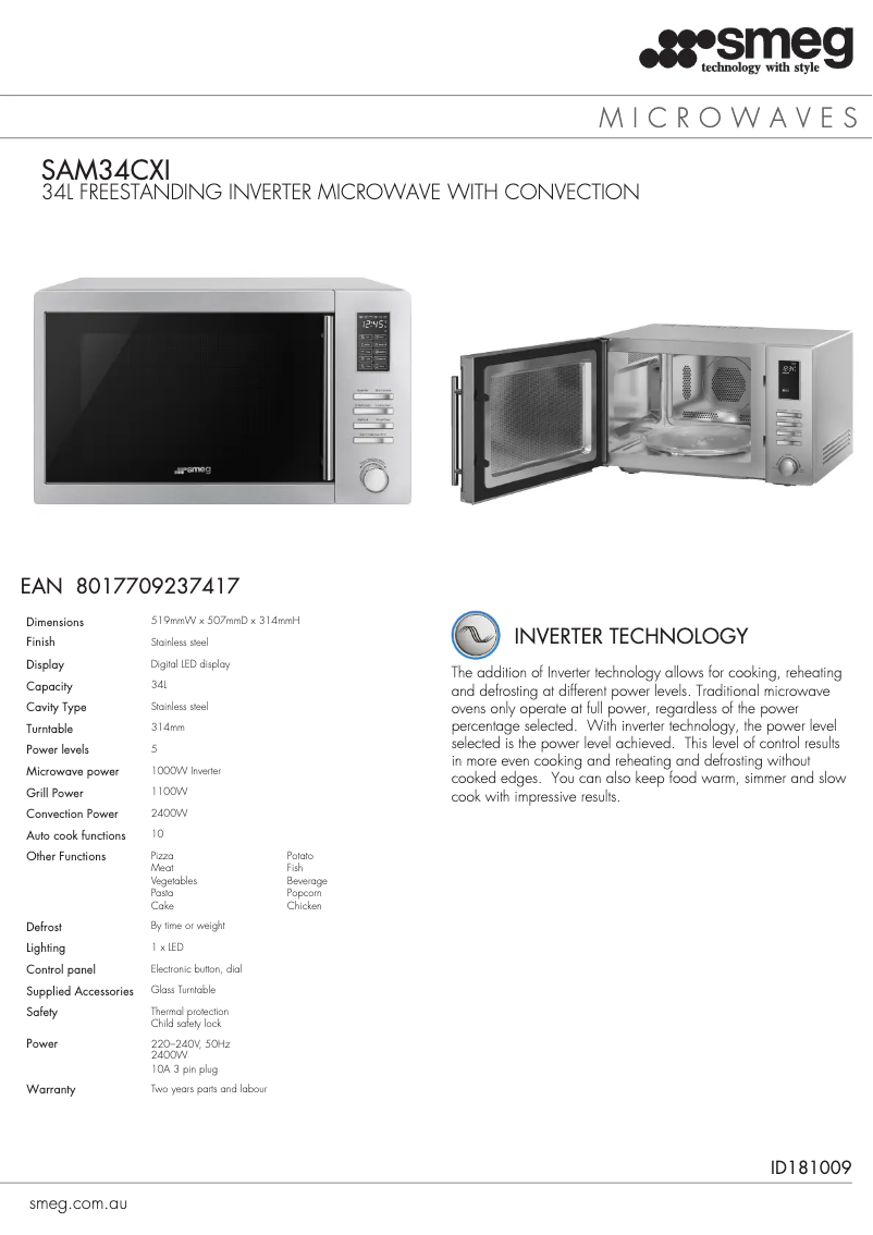 Page n°1 - Fiche technique Smeg SAM34CXI