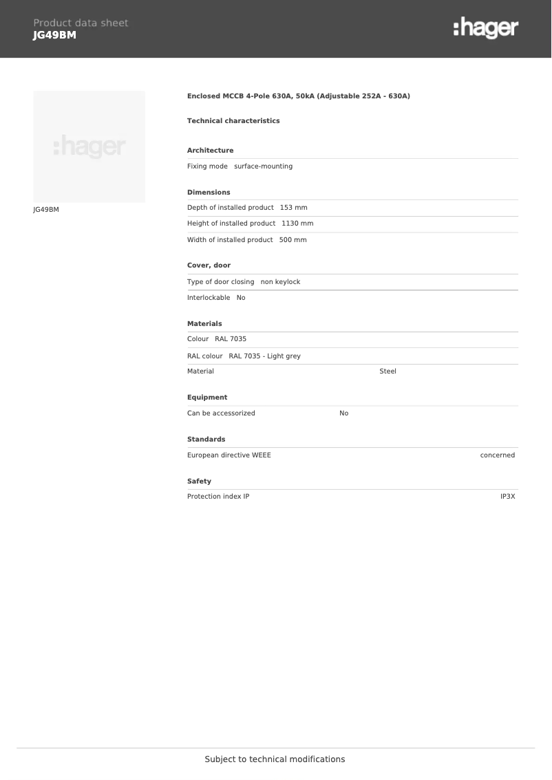 Page 1 de la notice Fiche technique Hager JG49BM