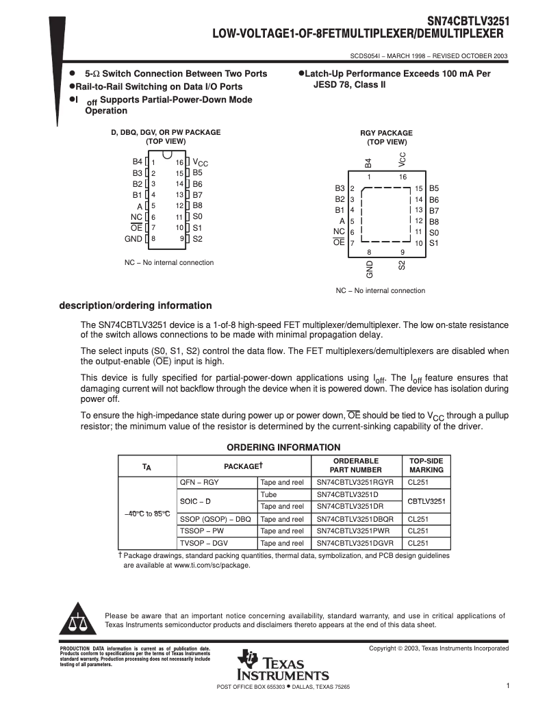 Page 1 de la notice Manuel utilisateur Texas Instruments SN74CBTLV3251DR