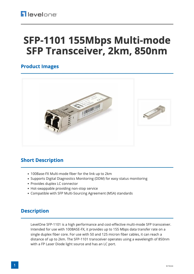 Image de la première page du manuel de l'appareil SFP-1101