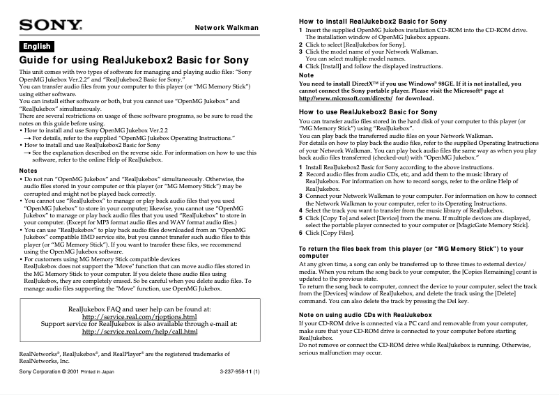 Page 1 de la notice Manuel utilisateur Sony Walkman NW-E2