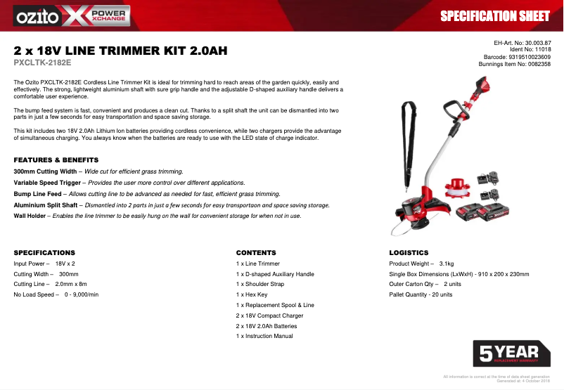 Page 1 de la notice Fiche technique Ozito PXCLTK-2182E