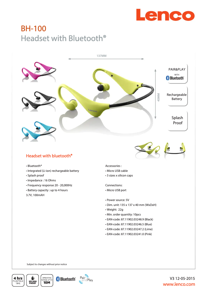 Page 1 de la notice Manuel utilisateur Lenco BH-100