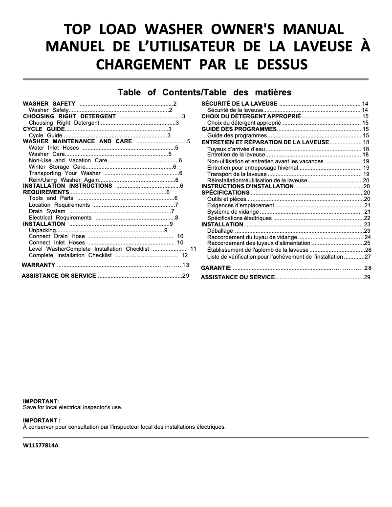 Image de la première page du manuel de l'appareil ATW4516MW
