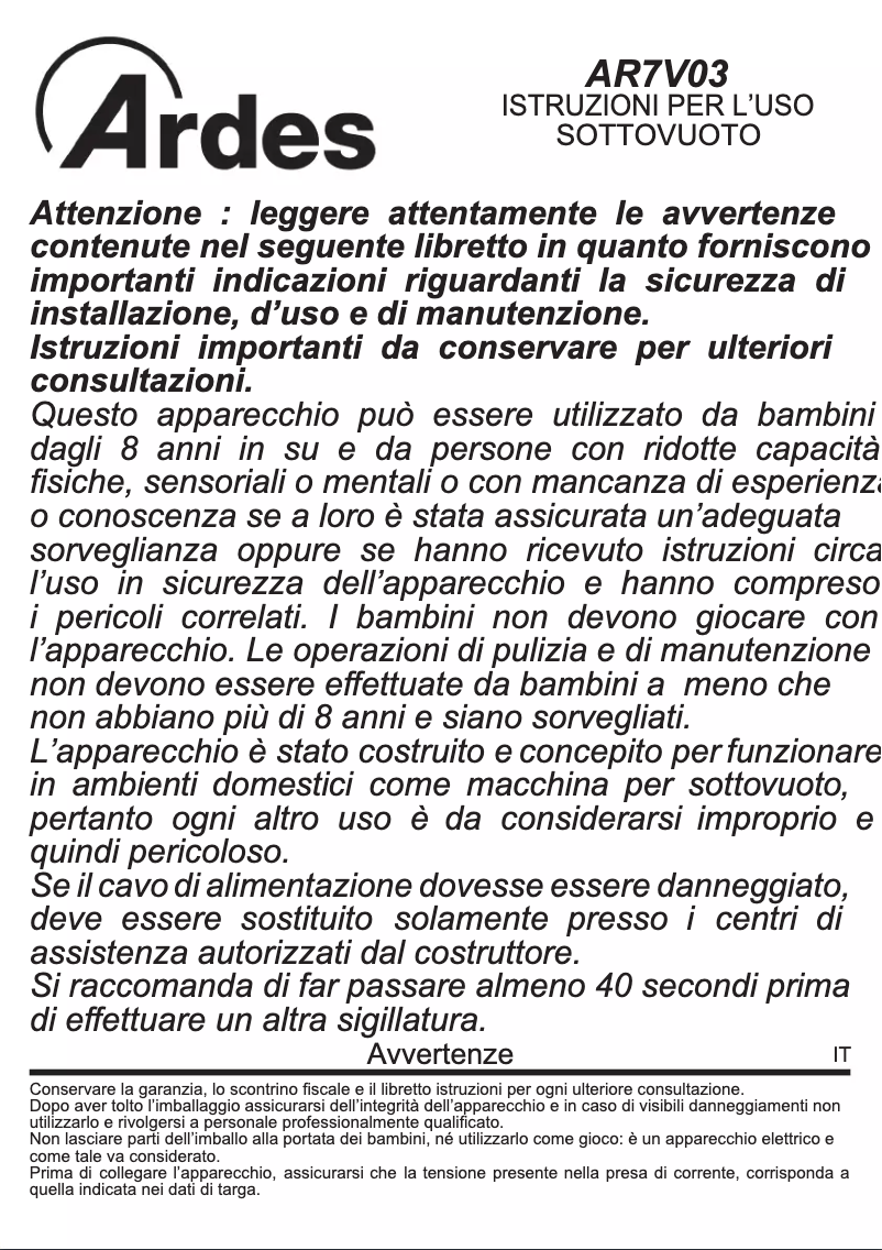 Page 1 de la notice Manuel utilisateur Ardes AR7V03