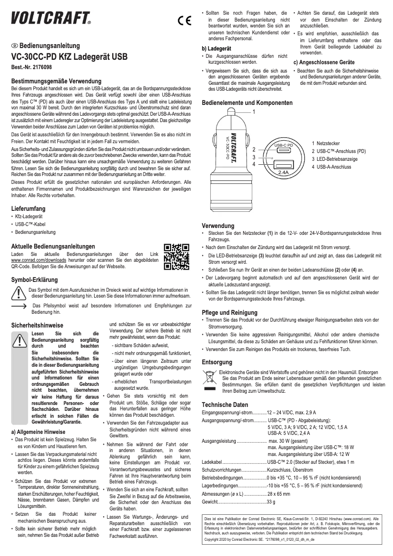 Page n°1 - Manuel utilisateur Voltcraft VC-30CC-PD