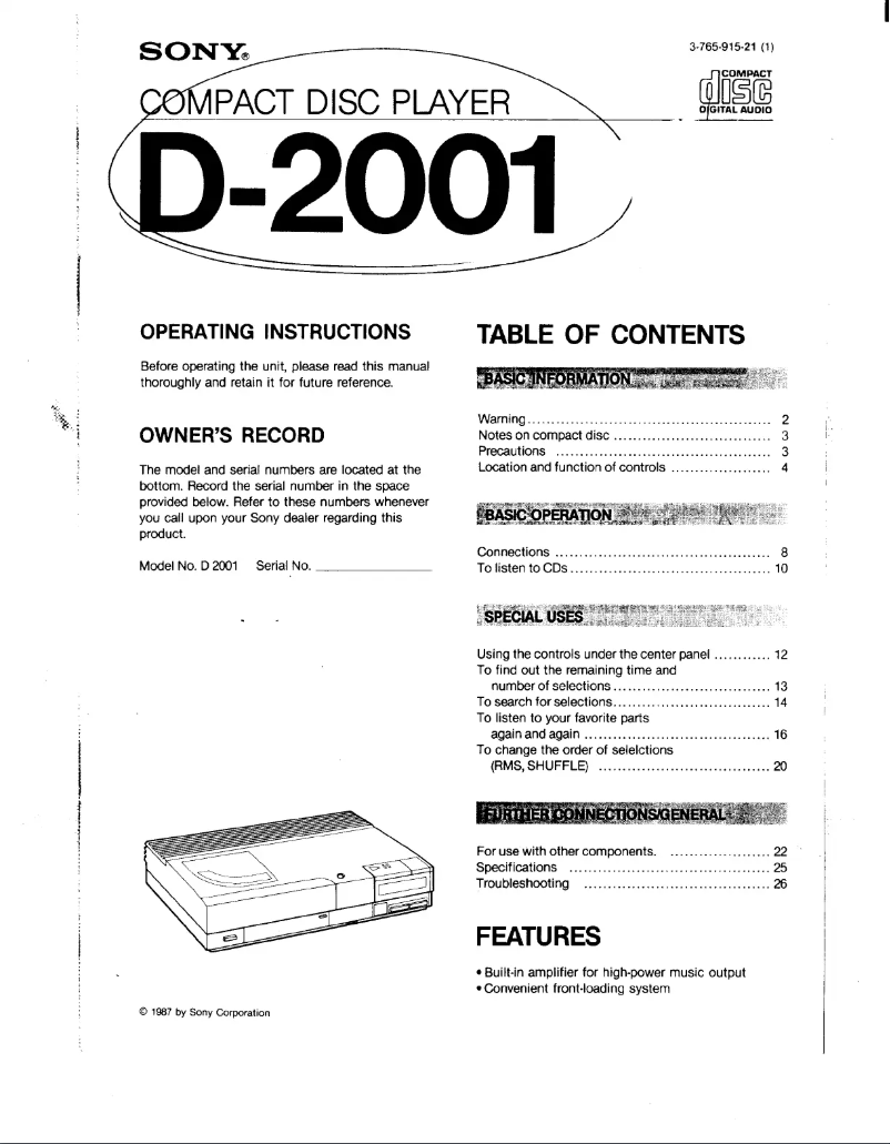 Image de la première page du manuel de l'appareil Discman D-2001