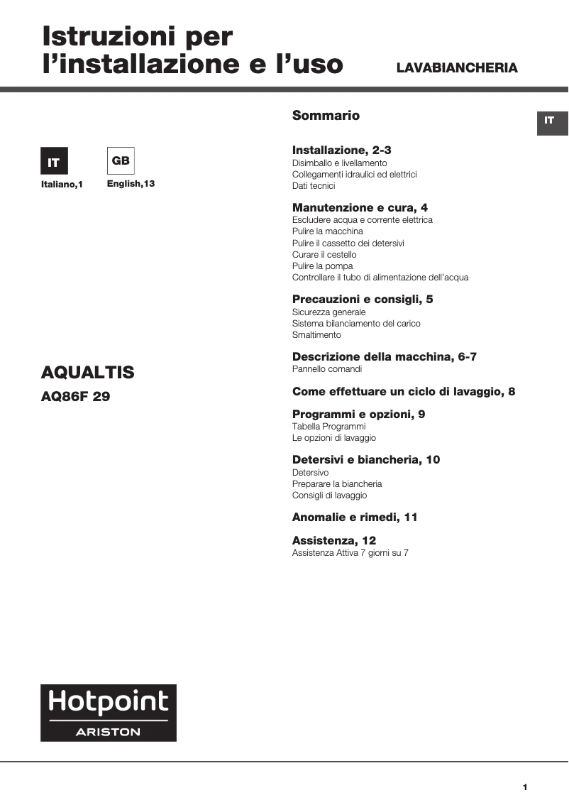 Imagen de la primera página del manual del dispositivo AQ86F 29 IT