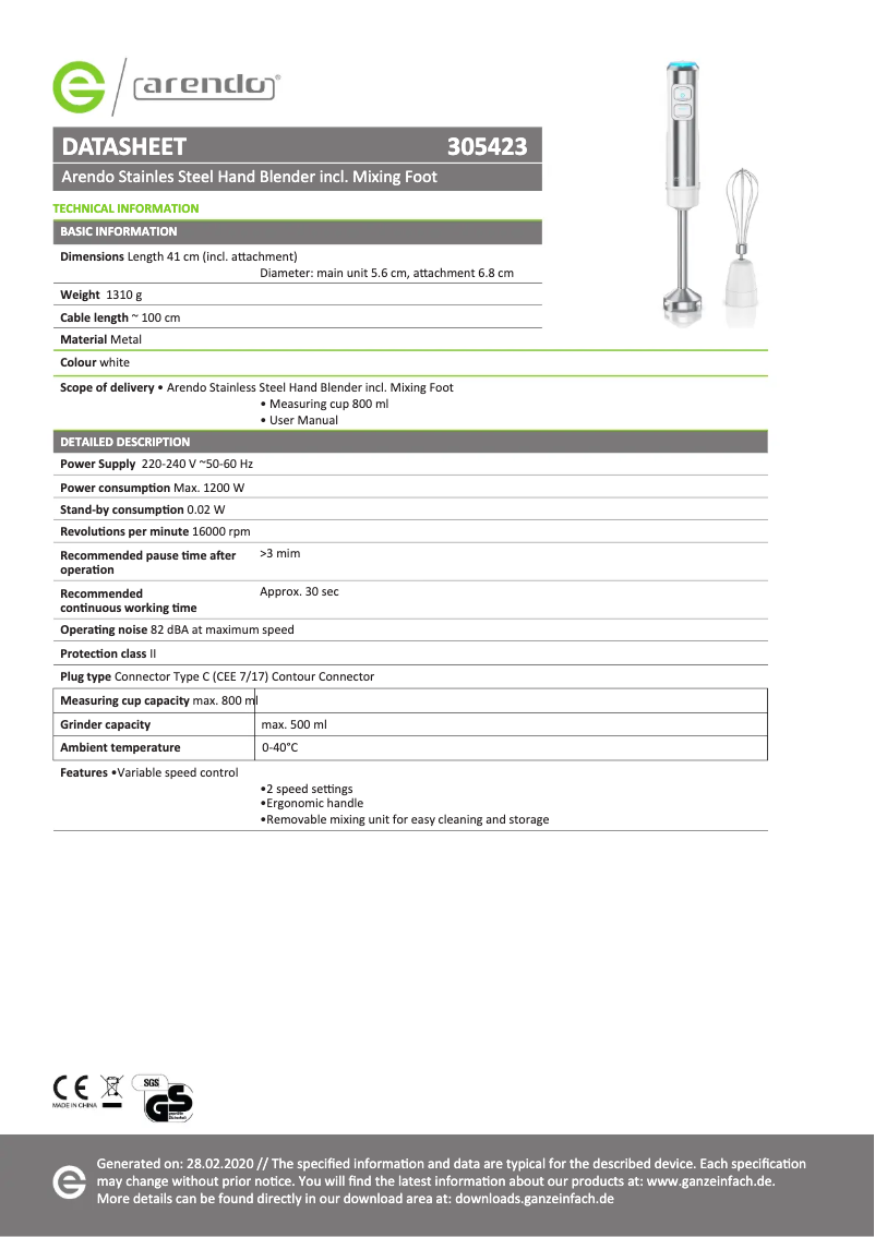 Page n°1 - Fiche technique Arendo Mova 305361