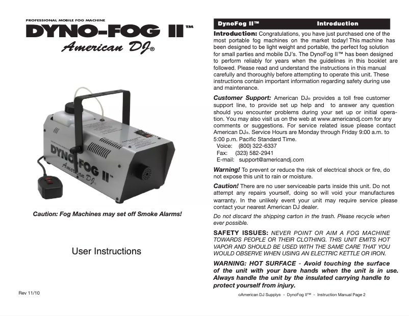 Page 1 de la notice Manuel utilisateur American DJ Dyno-Fog II