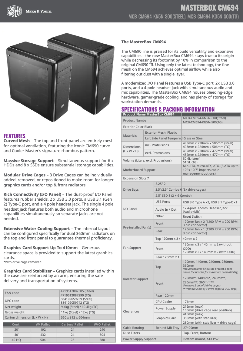 Page 1 de la notice Manuel utilisateur Cooler Master MasterBox CM694